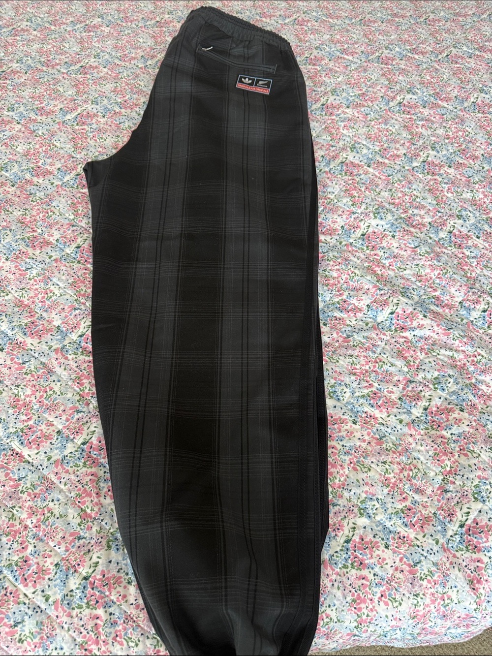 adidas Black Plaid Jogger Pants with Logo Patch